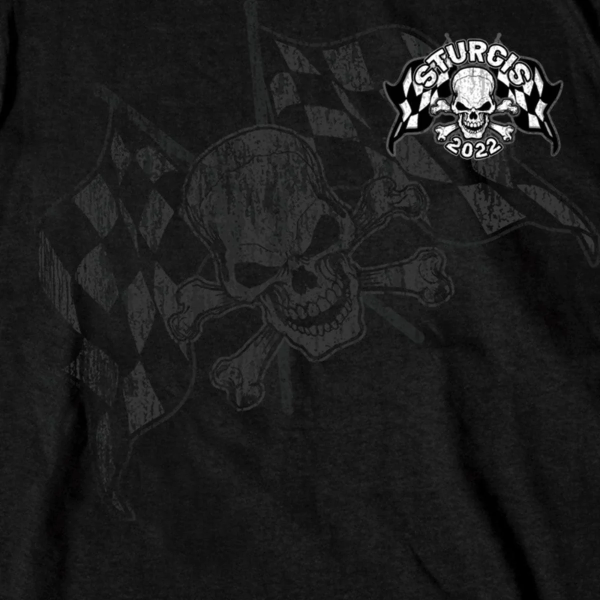 2022 Sturgis Motorcycle Rally SPB2009 Men's Black Skull And Checkered Flag Long Sleeve - Image 2