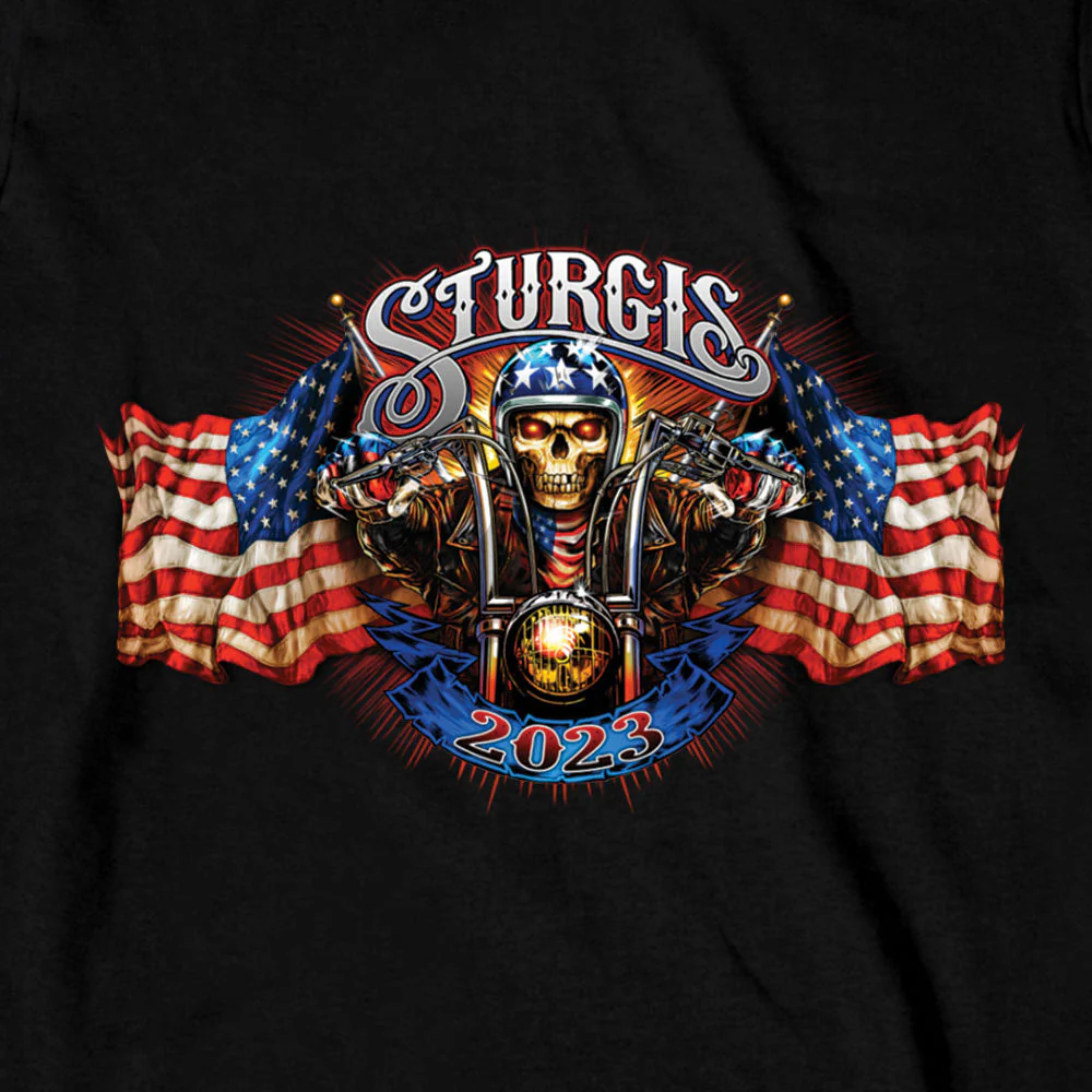 Hot Leathers SPB2067 Men's Black 2023 Sturgis Motorcycle Rally #1 Design American Skeleton Long Sleeve Shirt - Image 2