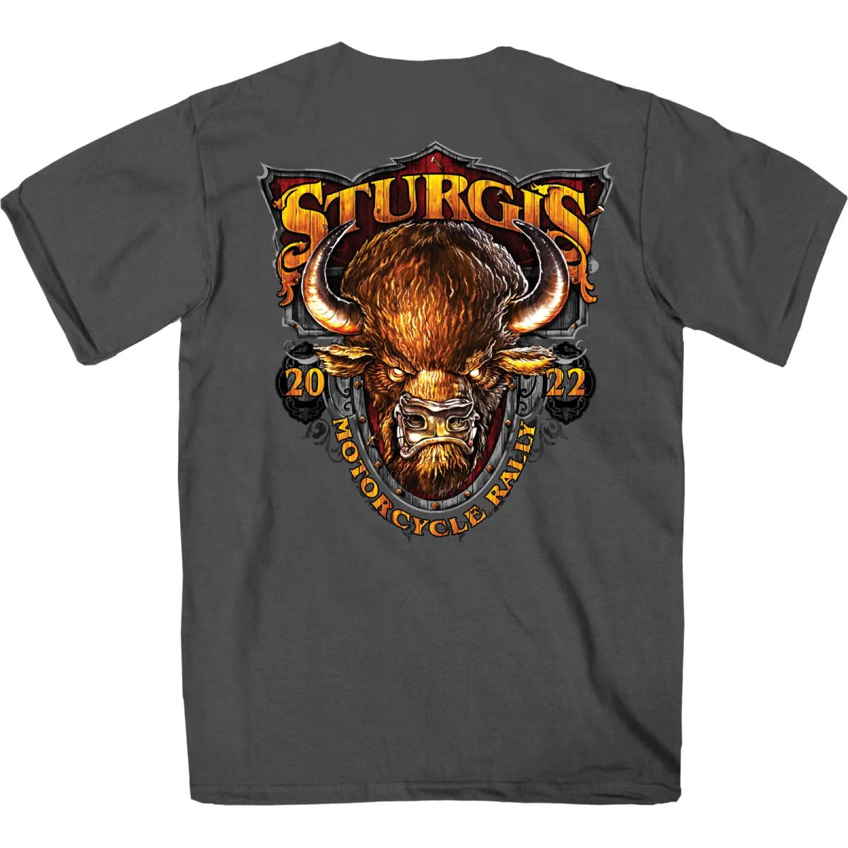 2022 Sturgis Motorcycle Rally SPB1007 Crazy Buffalo Men's Charcoal T-Shirt - Image 3