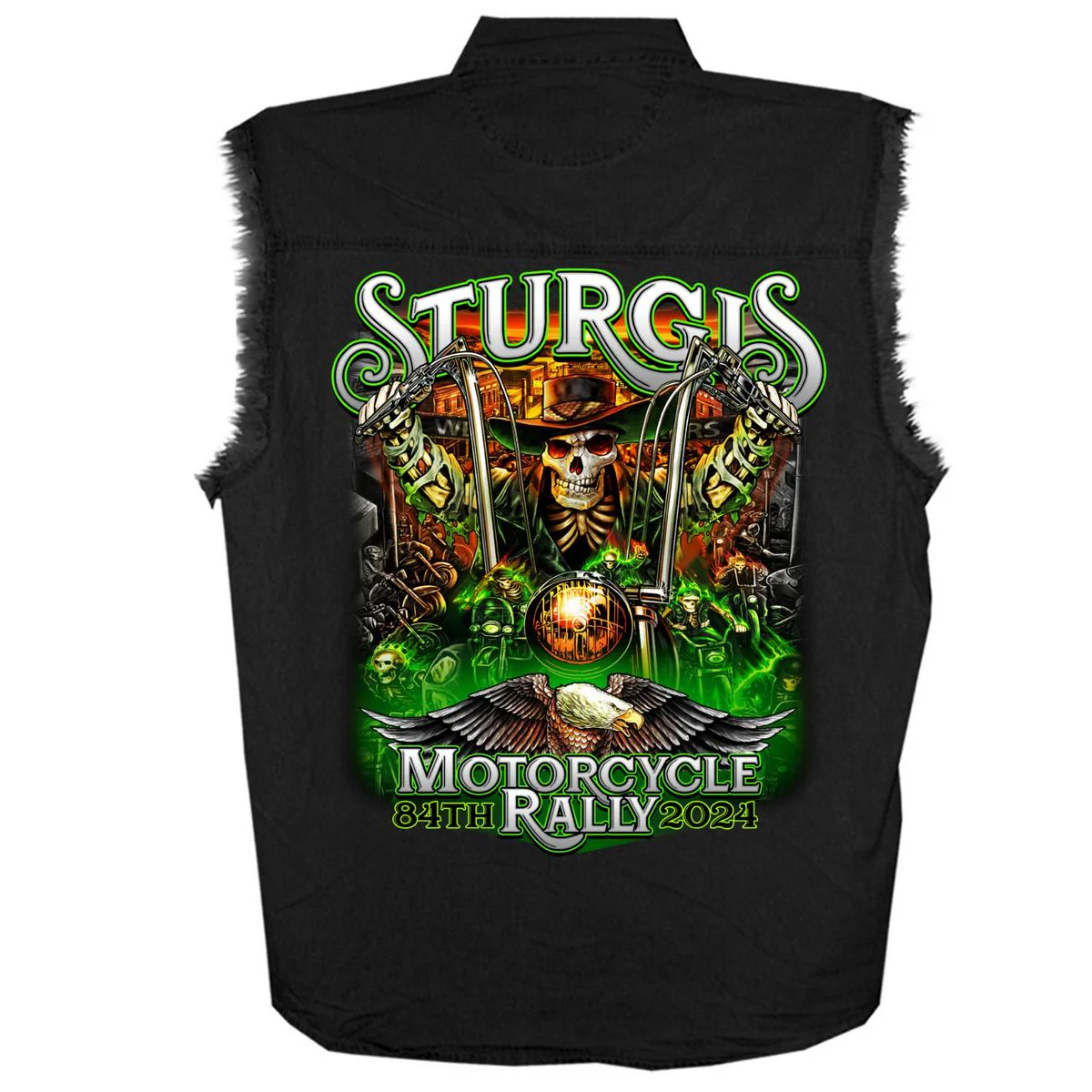 2024 Sturgis #1 Men's Design Eagle & Skull Black Denim Motorcycle Rally Button Up Shirt SPB5101 - Image 2