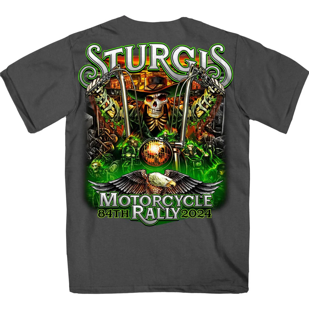 2024 Sturgis #1 Men's Design Eagle & Skull Charcoal Motorcycle Rally T-Shirt SPB1137 - Image 2