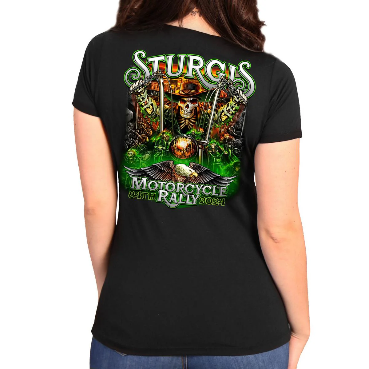2024 Sturgis #1 Women's Design Eagle & Skull Black Motorcycle Rally T-Shirt SPL1886 - Image 2