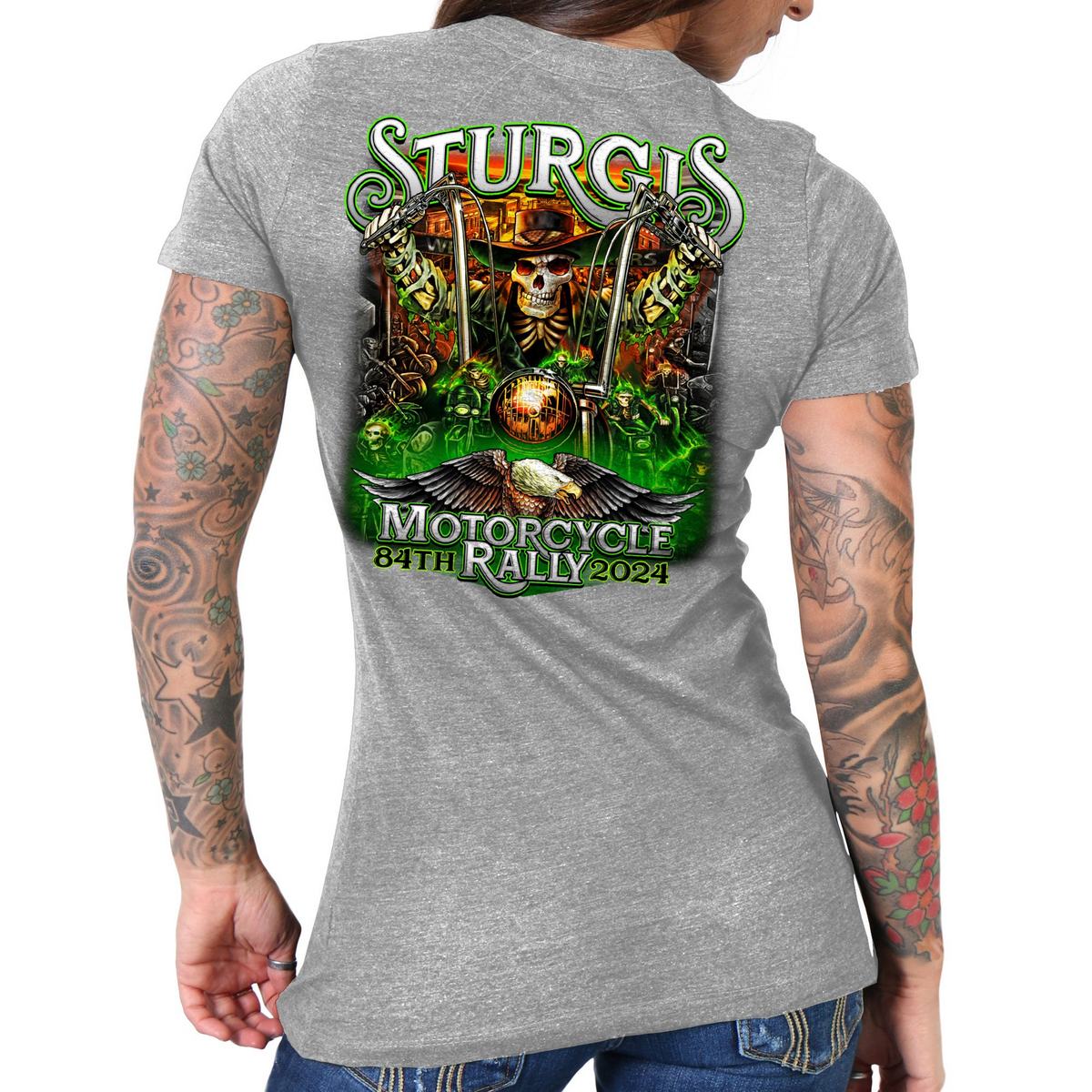 2024 Sturgis Women's #1 Design Eagle & Skull Heather Gray Motorcycle Rally T-Shirt SPL1887 - Image 2