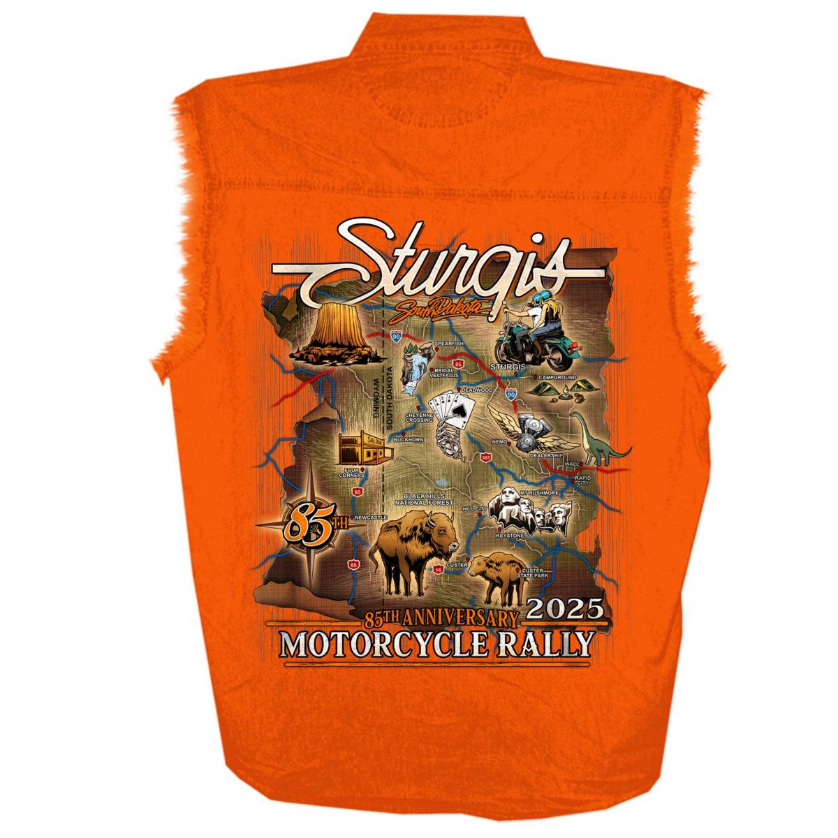 2025 Sturgis Men's Acid Orange Denim Motorcycle Rally Attractions Sleeveless Shirt - Image 2