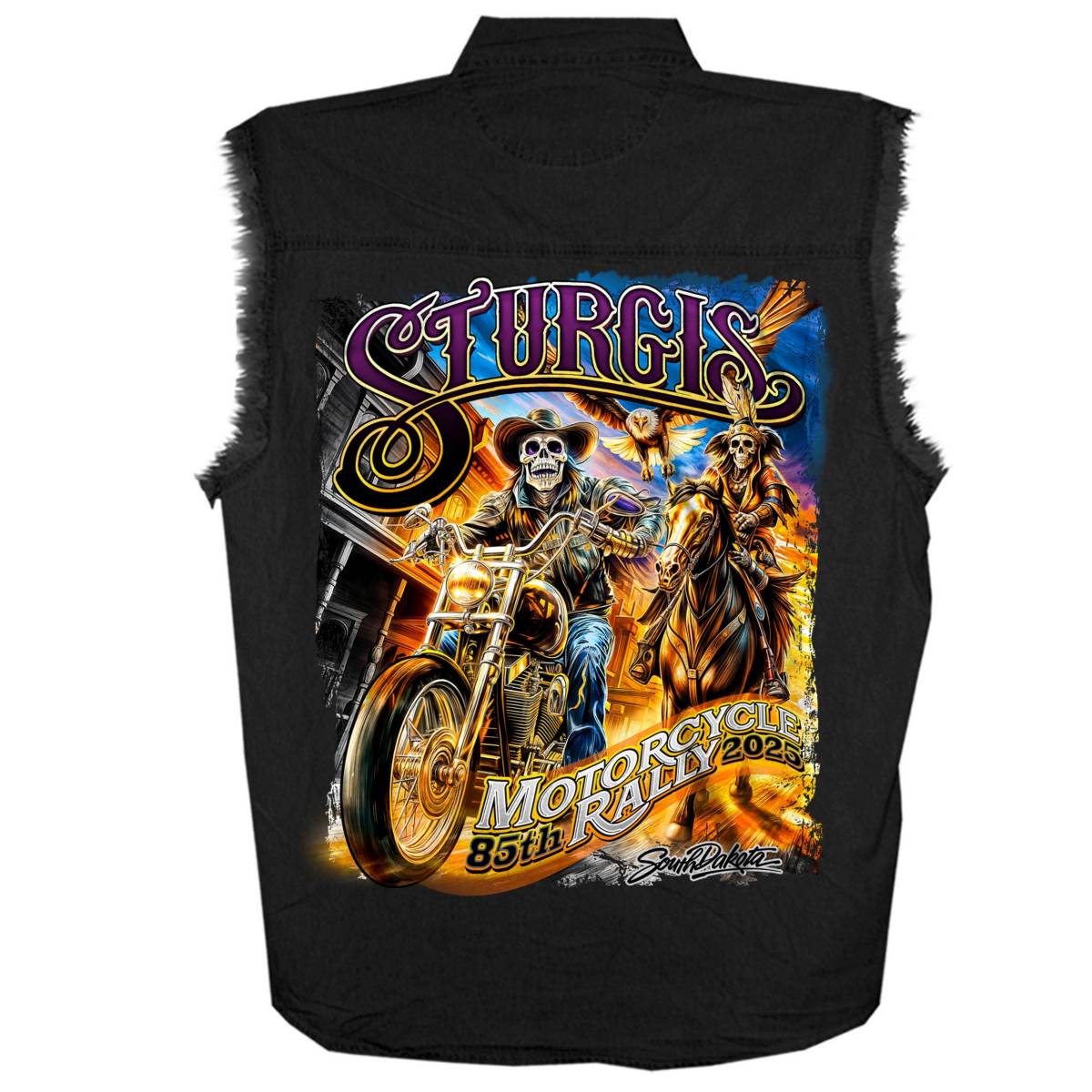 2025 Sturgis Men's Black Denim Motorcycle Rally #1 Ghost Rider Sleeveless Shirt - Image 2