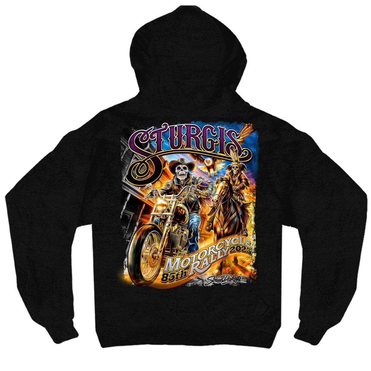 2025 Sturgis Men's Motorcycle Rally #1 Ghost Rider Black Zippered Hooded Sweat Shirt - Image 2