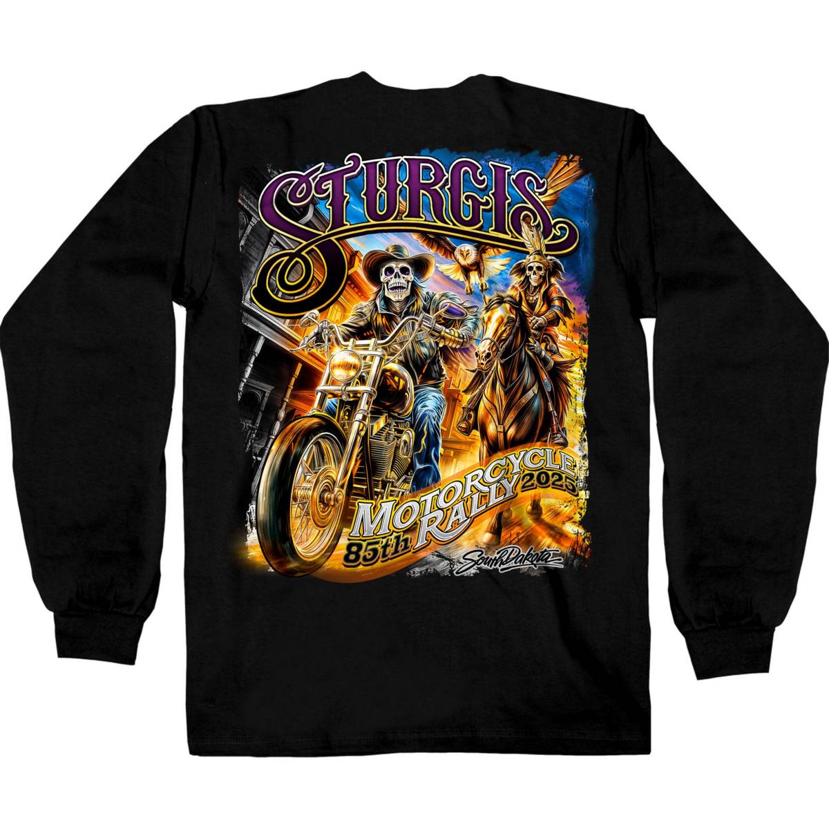 2025 Sturgis Motorcycle Rally #1 Ghost Rider Black Men's Long Sleeve Shirt - Image 2