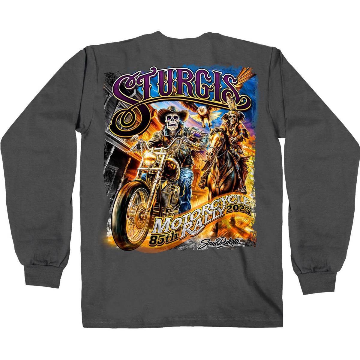 2025 Sturgis Motorcycle Rally #1 Ghost Rider Charcoal Men's Long Sleeve Shirt - Image 2