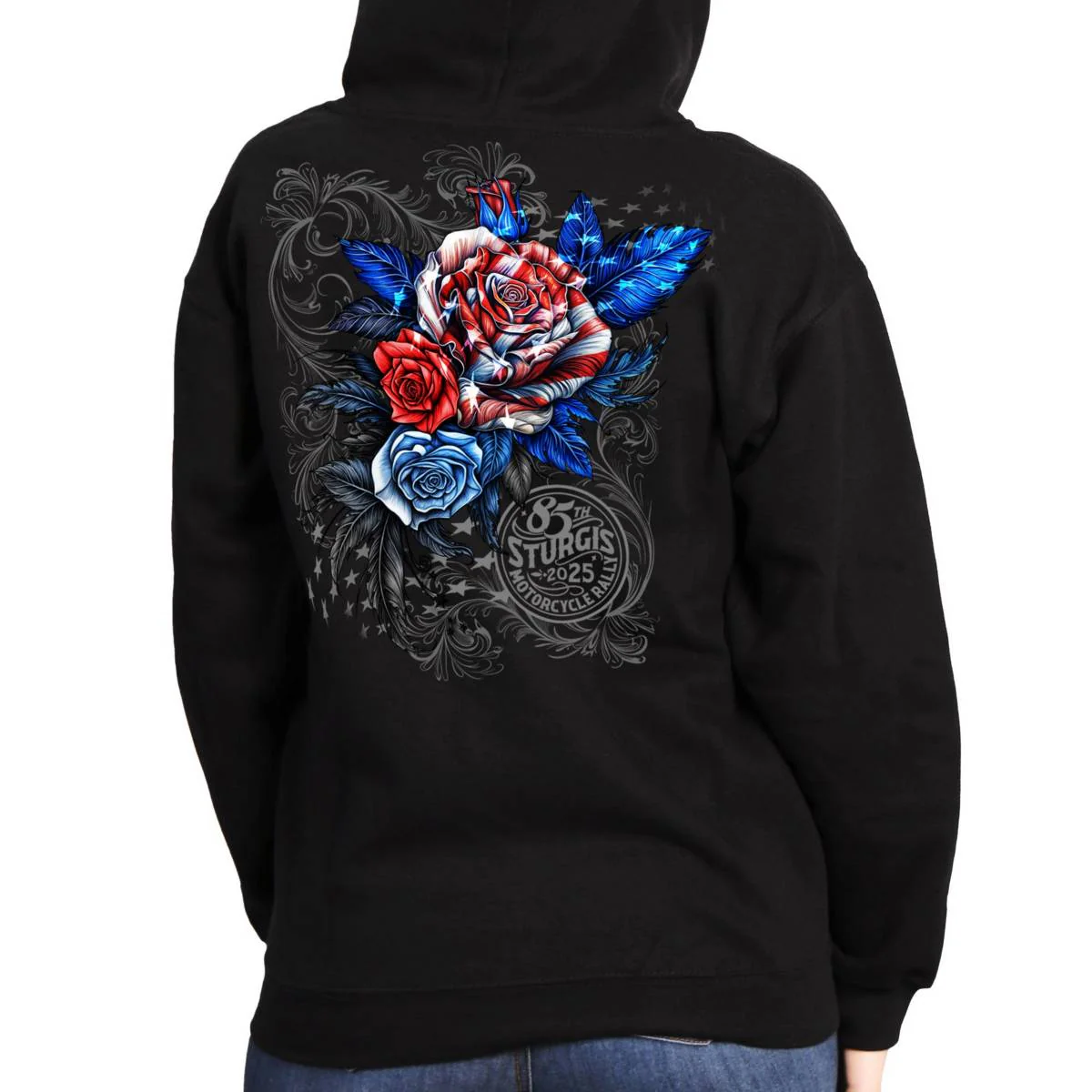 2025 Sturgis Motorcycle Rally Patriotic Roses Black Ladies Hooded Sweat - Image 2