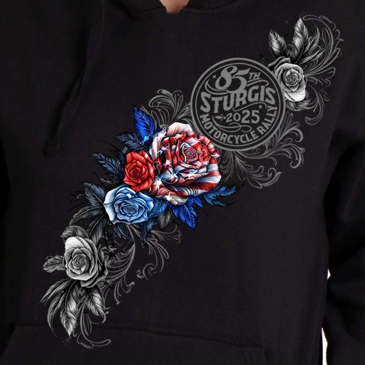 2025 Sturgis Motorcycle Rally Patriotic Roses Black Ladies Hooded Sweat - Image 4
