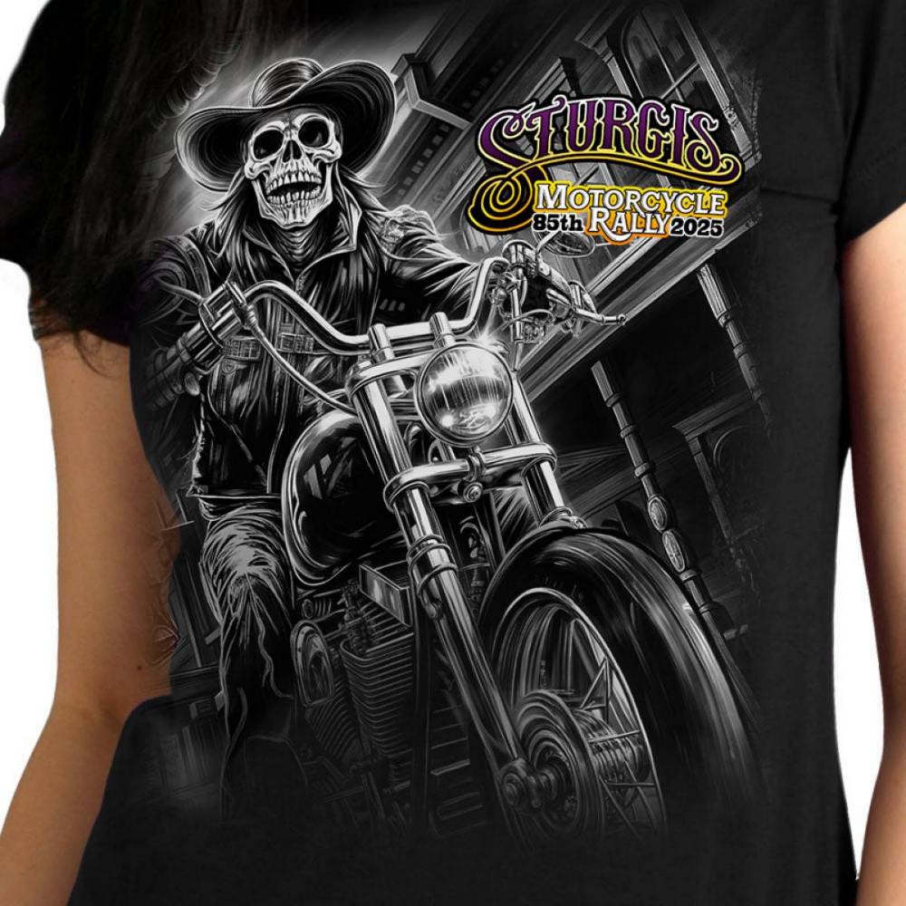2025 Sturgis Women's Motorcycle Rally #1 Ghost Rider Black Ladies T-Shirt - Image 3