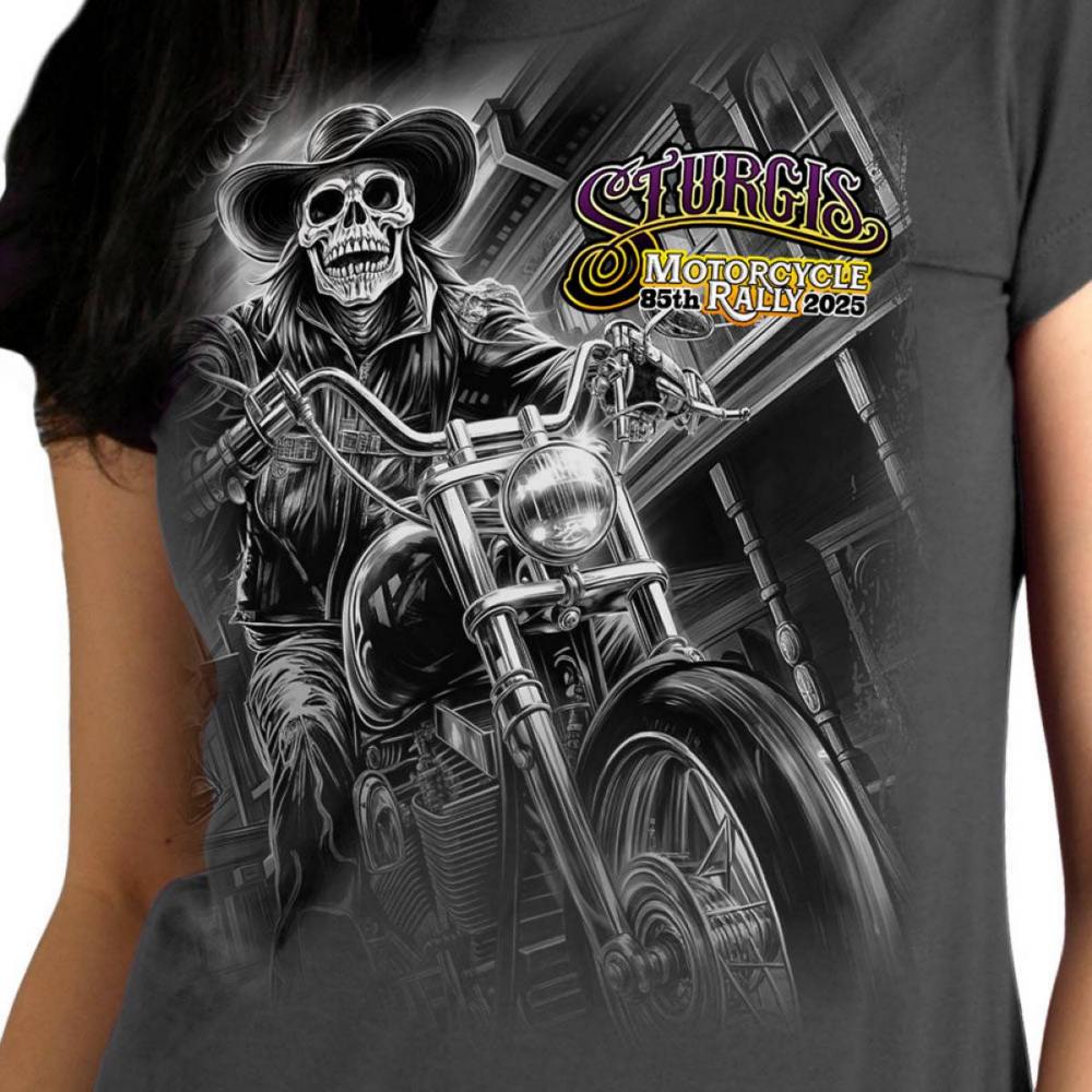 2025 Sturgis Women's Motorcycle Rally #1 Ghost Rider Charcoal Ladies T-Shirt - Image 3