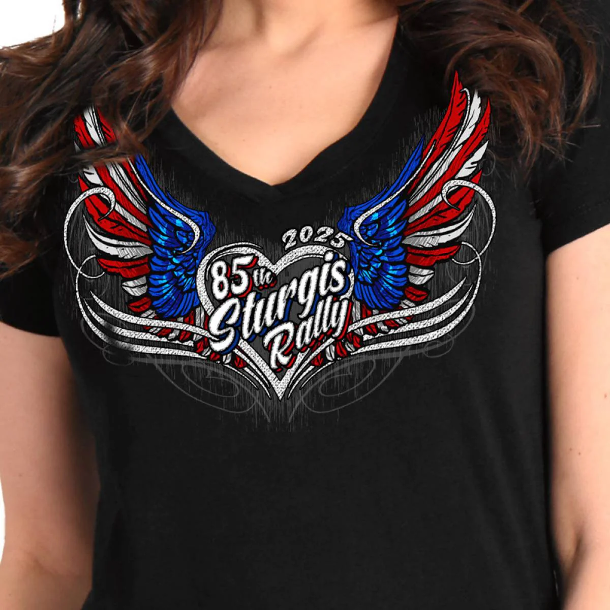 2025 Sturgis Women's Motorcycle Rally Flag Heart Angel Black Ladies Tee - Image 3