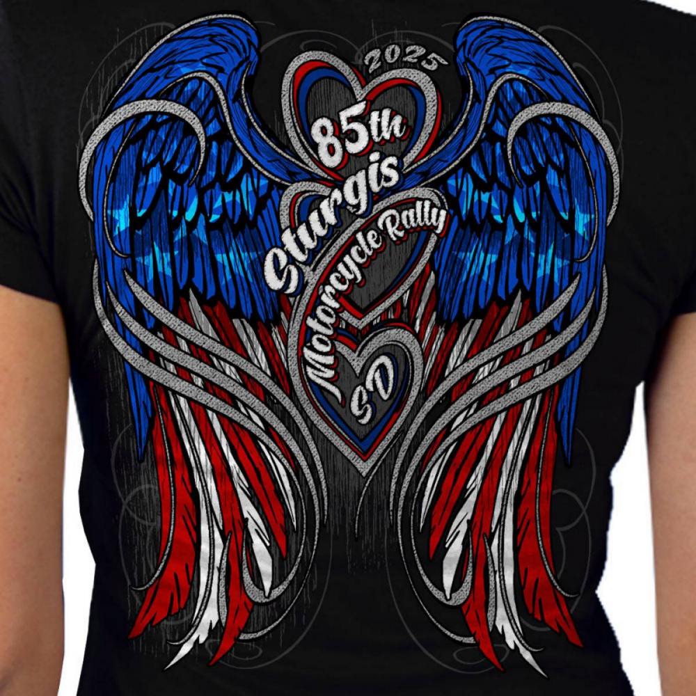 2025 Sturgis Women's Motorcycle Rally Flag Heart Angel Black Ladies Tee - Image 4
