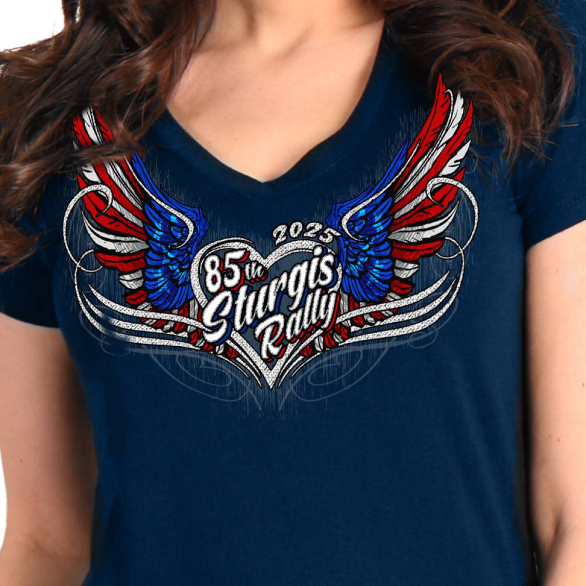 2025 Sturgis Women's Motorcycle Rally Flag Heart Angel Navy Ladies Tee - Image 3