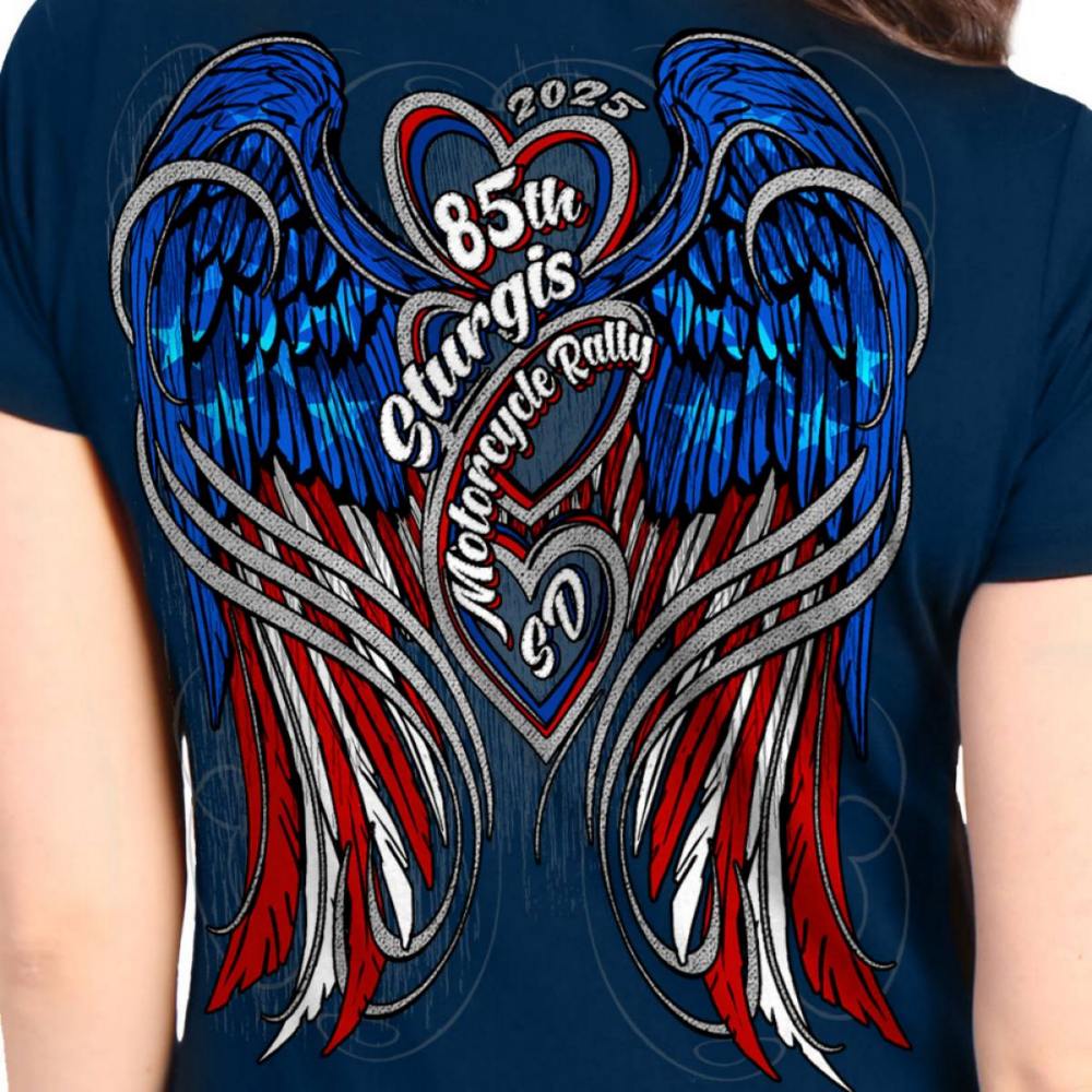 2025 Sturgis Women's Motorcycle Rally Flag Heart Angel Navy Ladies Tee - Image 4