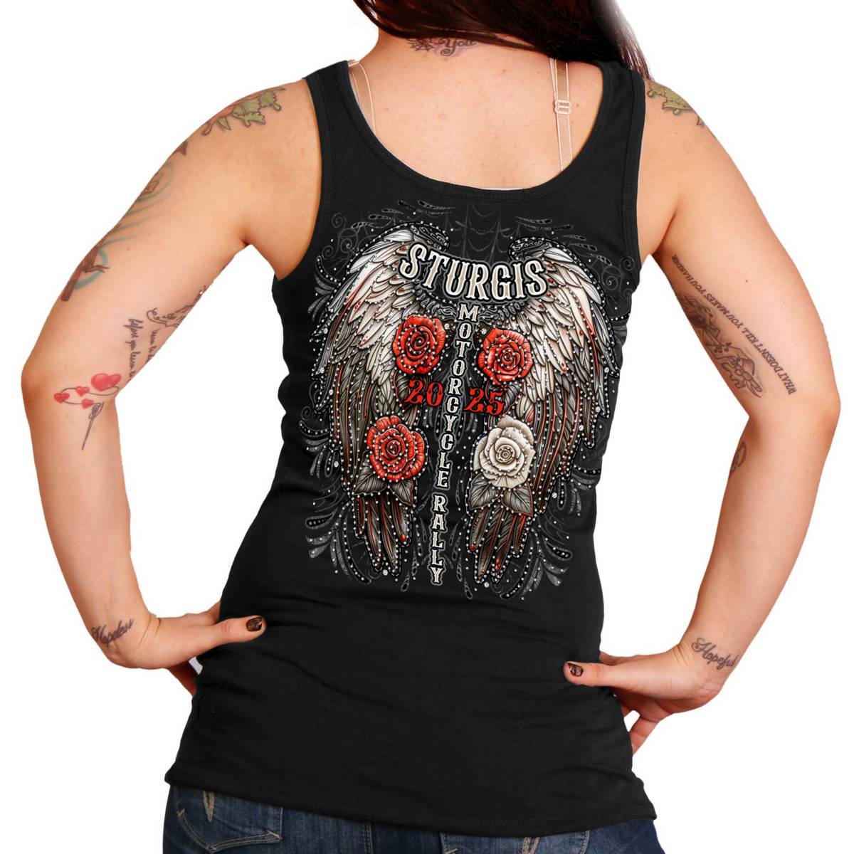 2025 Sturgis Women's Motorcycle Rally Leather Wings Ladies Black Tank Top - Image 2