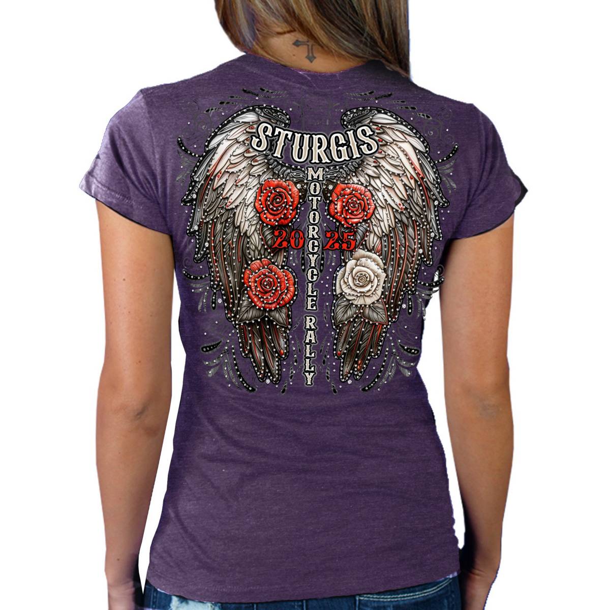 2025 Sturgis Women's Motorcycle Rally Leather Wings Purple Ladies T-Shirt - Image 2
