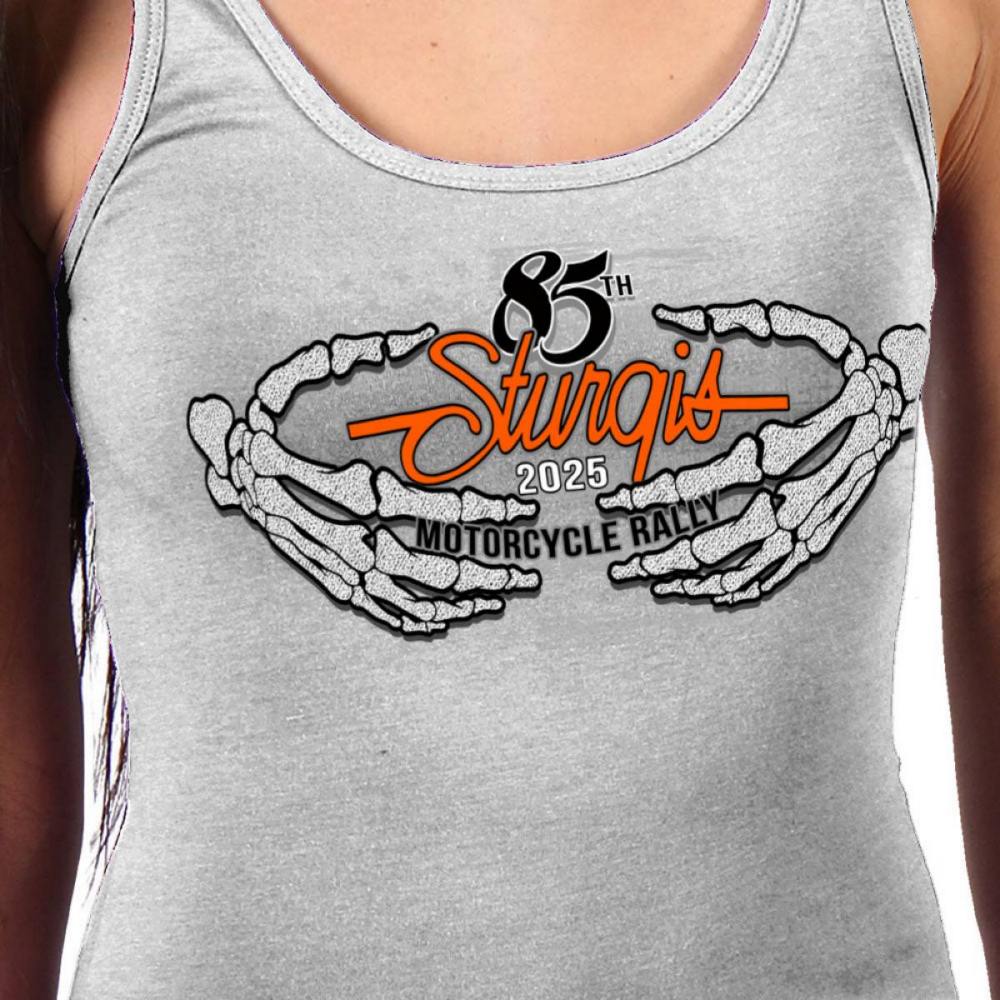 2025 Sturgis Women's Motorcycle Rally Skeleton Hands Black Ladies Tank Top - Image 3
