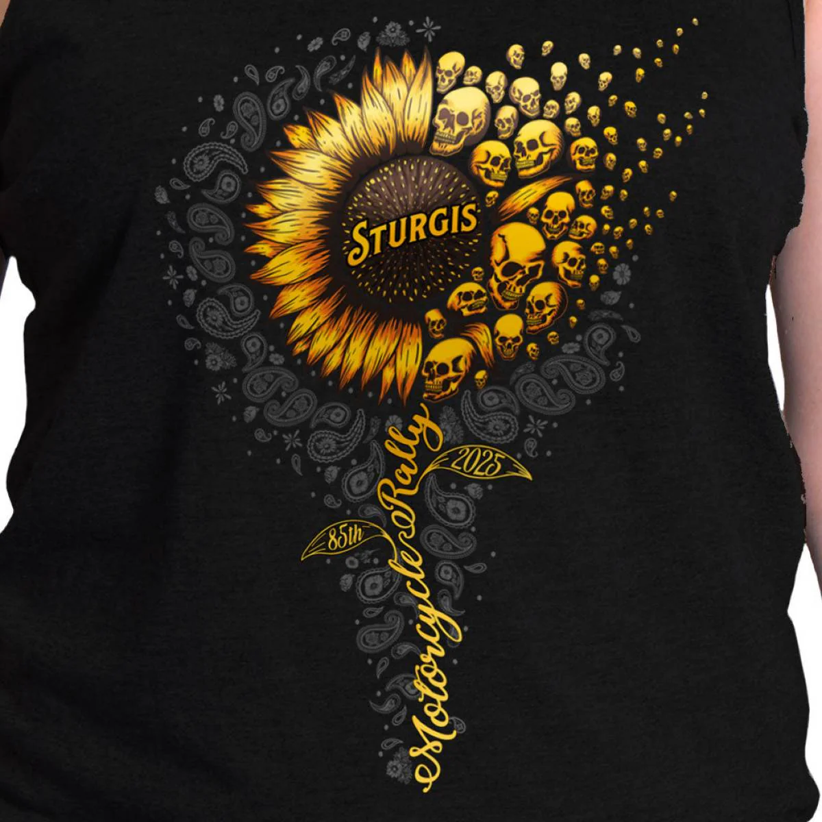 2025 Sturgis Women's Motorcycle Rally Studded Flag Rose Black Ladies Tank Top - Image 3