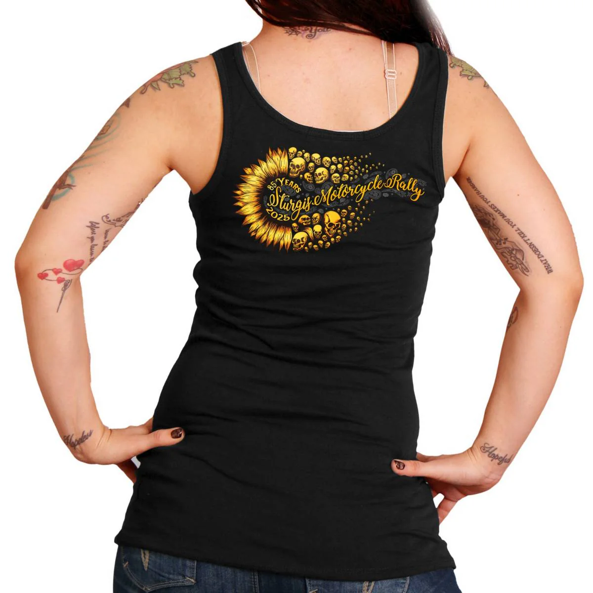 2025 Sturgis Women's Motorcycle Rally Sunflower Skulls Black Ladies Tank Top - Image 2