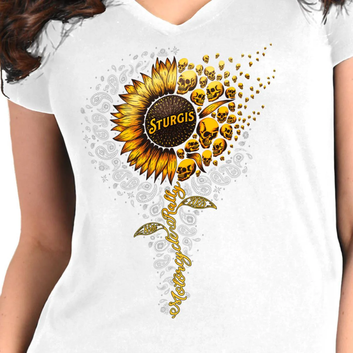 2025 Sturgis Women's Motorcycle Rally Sunflower Skulls White Ladies Tee - Image 3