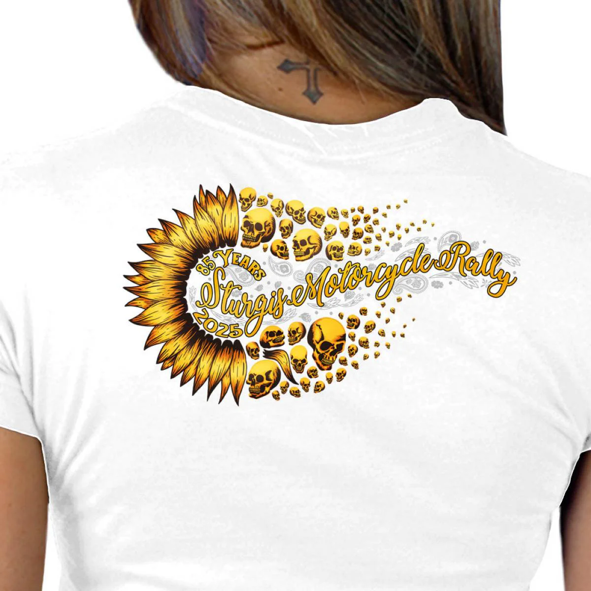 2025 Sturgis Women's Motorcycle Rally Sunflower Skulls White Ladies Tee - Image 4