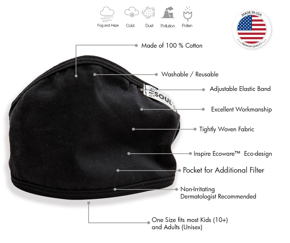 Air Soul MP7923FM USA Made Black Protective Face Mask with Optional Filter Pocket - Image 2