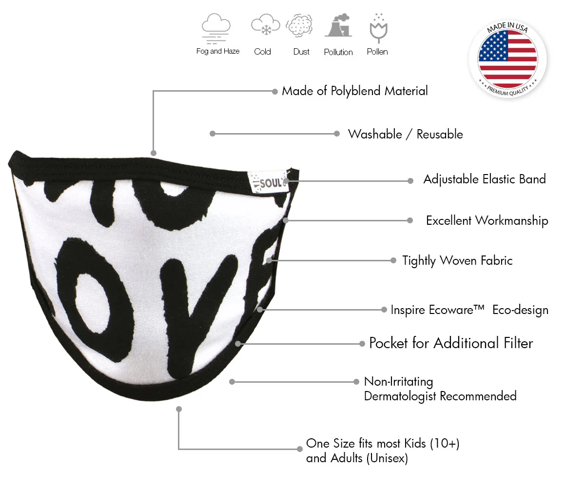 Air Soul MP7923FM USA Made 'Love' Grey and Black Protective Face Mask with Optional Filter Pocket - Image 2
