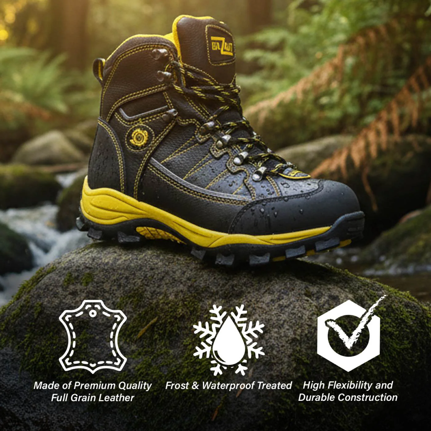 Bazalt MBM9122 Men’s Black & Yellow Waterproof Frost-Proof Leather Work & Hiking Shoes - Image 2