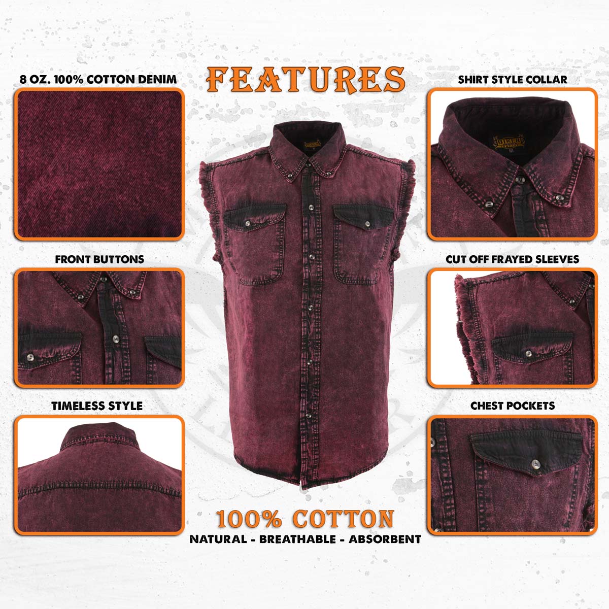Milwaukee Leather MDM11677 Men’s Magenta Classic Button-Down Cut Off Frayed Sleeveless Casual Shirt - Image 2