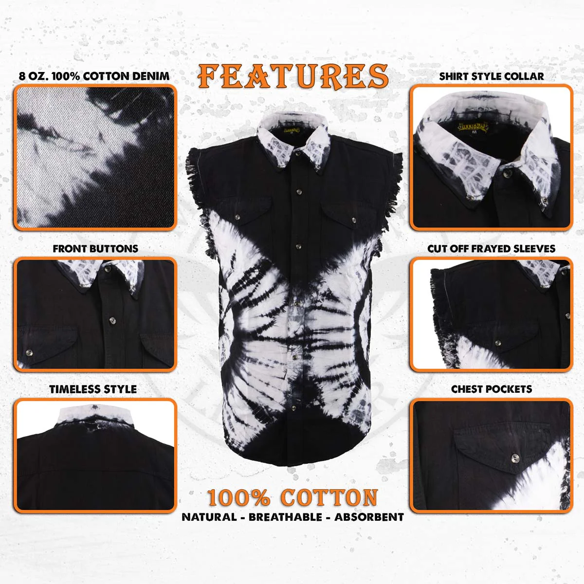 Biker Clothing Co. MDM11679 Men's Classic Black and White Tie-Dye Button-Down Frayed Sleeveless Cut Off Shirt - Image 2