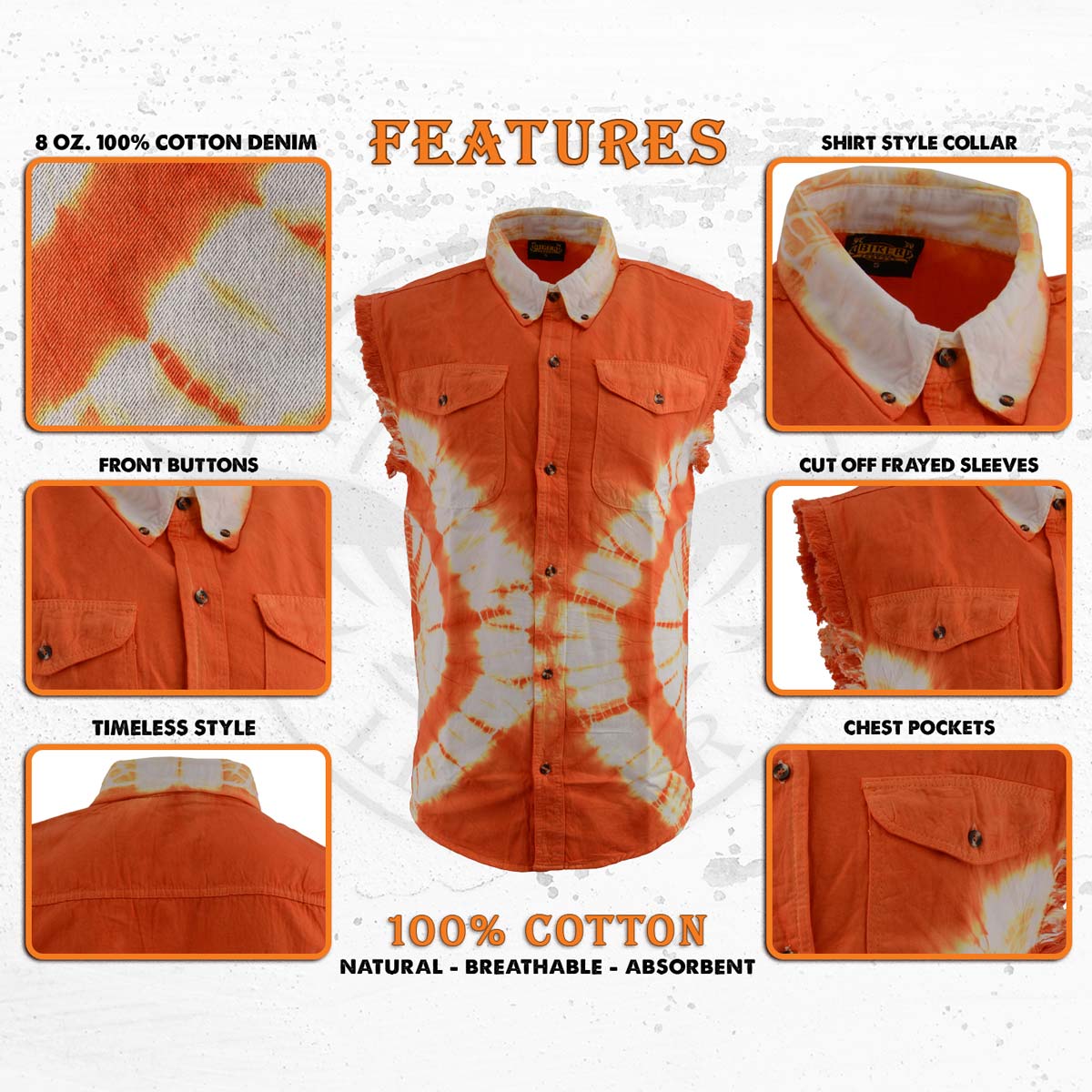 Biker Clothing Co. MDM11680 Men's Classic Orange and White Tie-Dye Button-Down Frayed Sleeveless Cut Off Shirt - Image 2