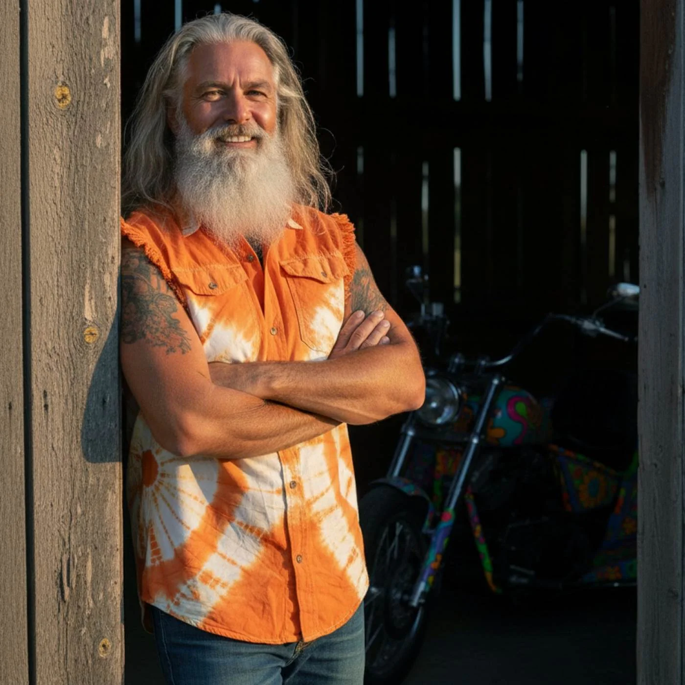 Biker Clothing Co. MDM11680 Men's Classic Orange and White Tie-Dye Button-Down Frayed Sleeveless Cut Off Shirt - Image 4