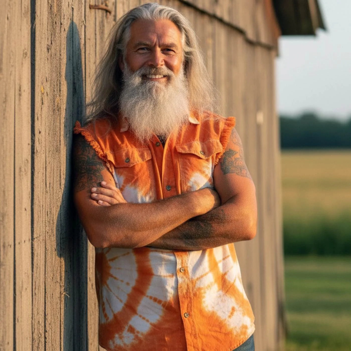 Biker Clothing Co. MDM11680 Men's Classic Orange and White Tie-Dye Button-Down Frayed Sleeveless Cut Off Shirt - Image 5