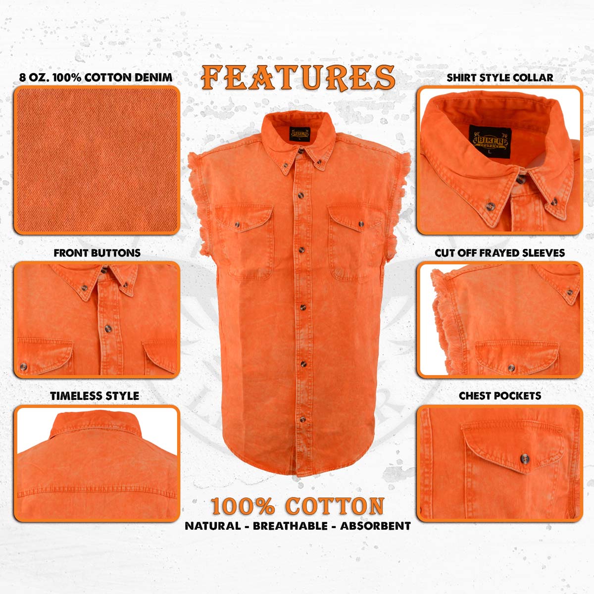 Milwaukee Leather MDM11682 Men’s Classic Orange/Beige Button-Down Cut Off Frayed Sleeveless Casual Shirt - Image 2