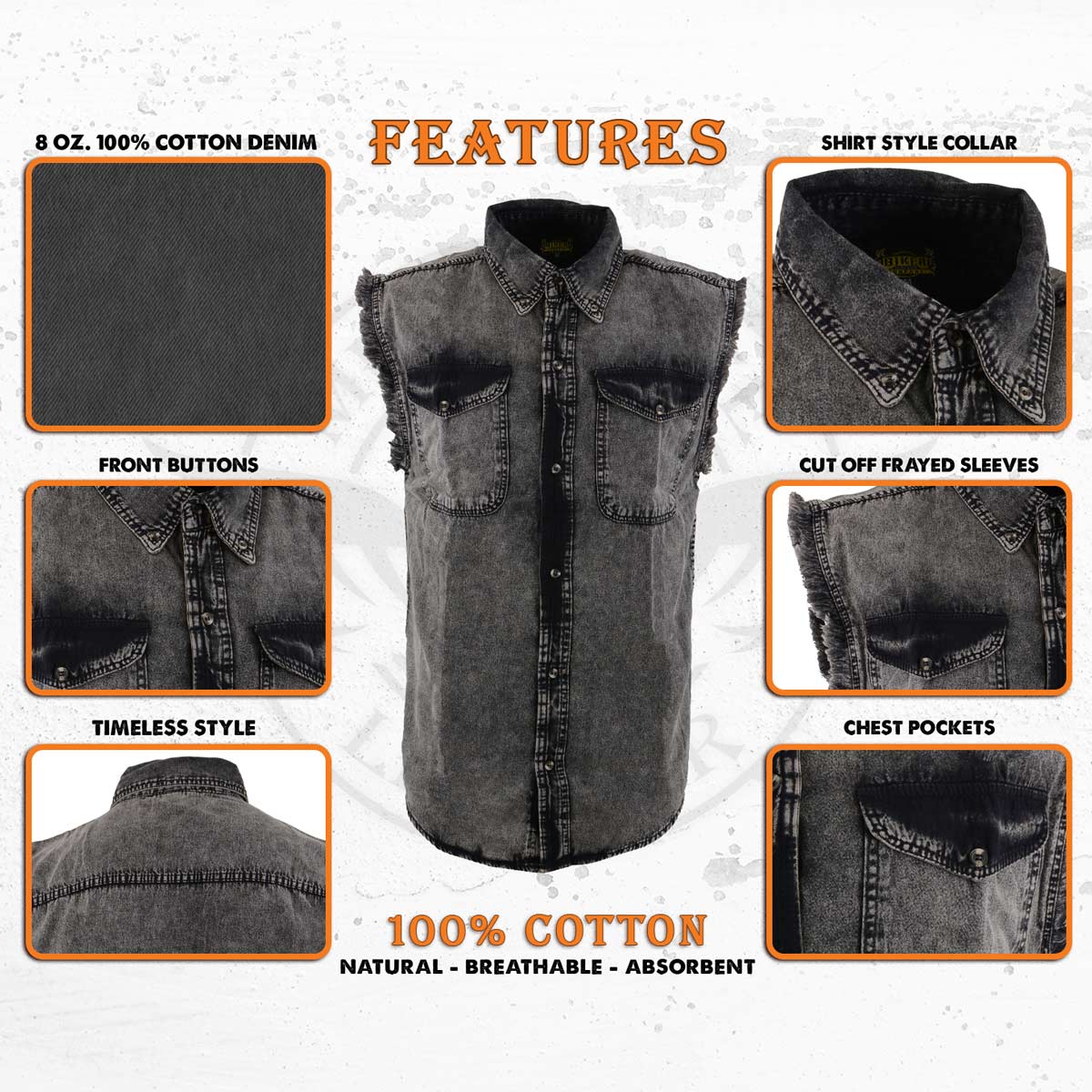 Milwaukee Leather MDM11683 Men’s Classic Beige/Black Button-Down Cut Off Frayed Sleeveless Casual Shirt - Image 2