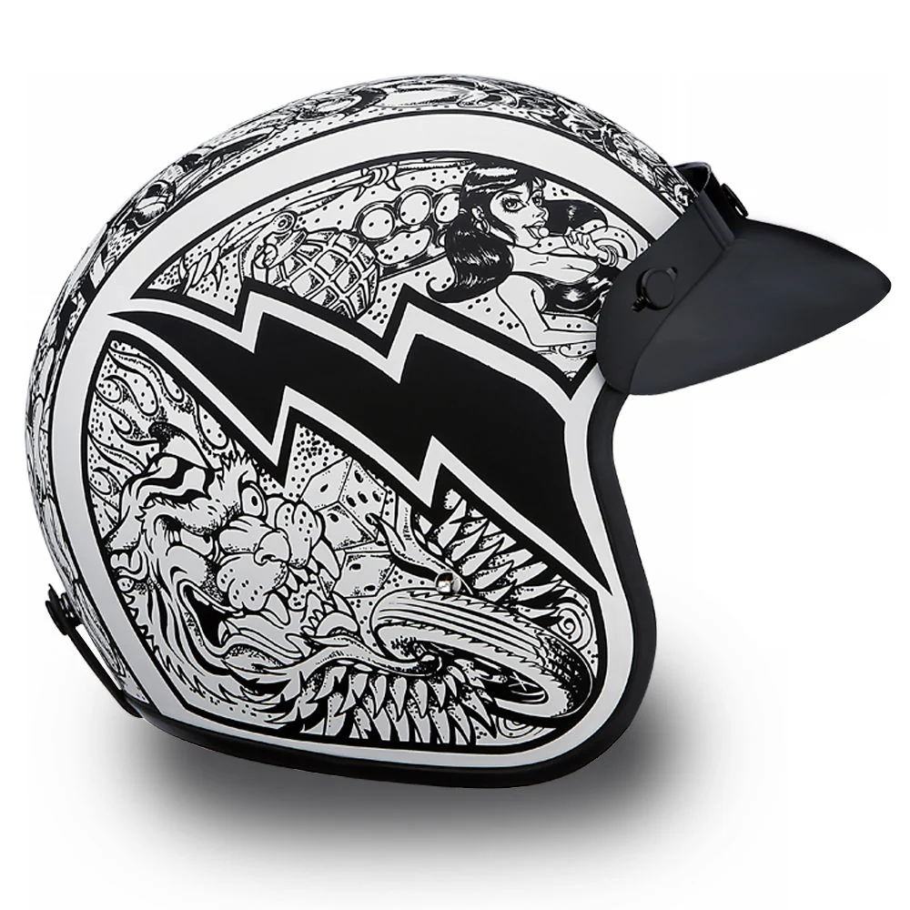 Close Out Clearance Daytona Helmets DC6-G ‘Cruiser’ Graffiti White and Black ¾ Open Face Helmet - Image 5