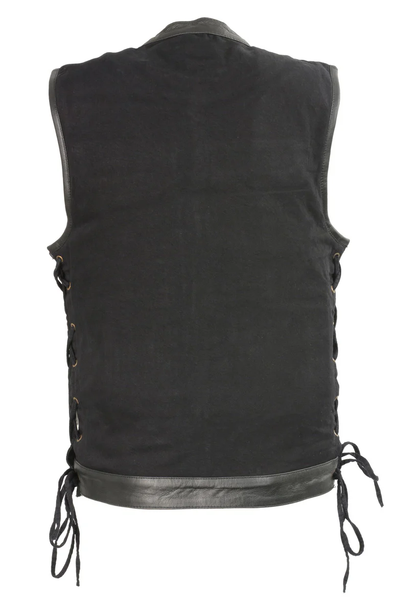 Club Vest CVM3011 Men's Side Lace Black Denim Vest with Leather Trim Accents - Image 2