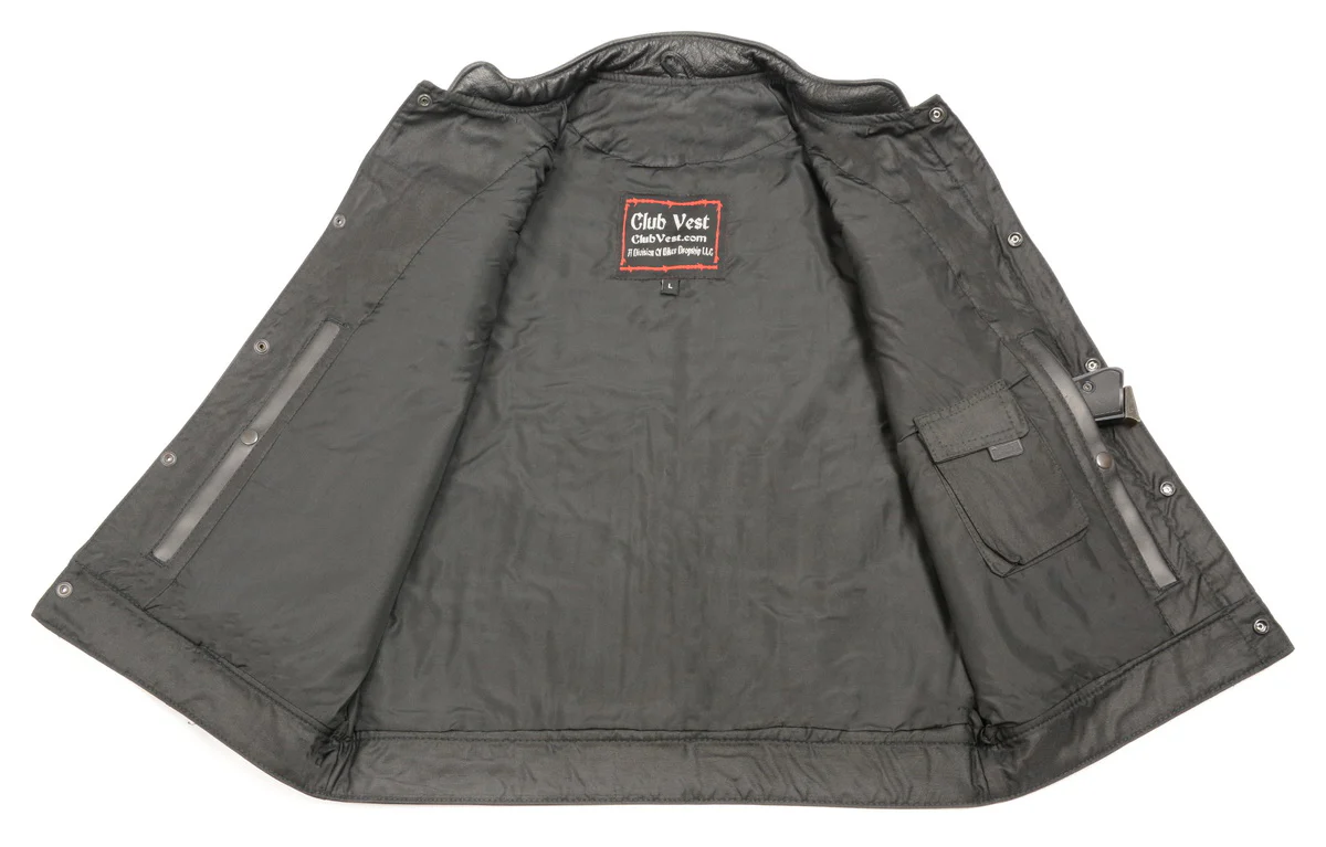 Club Vest CVM3710 Men’s Leather Black Open Neck Vest with Snap and Zip Front Closure - Image 3