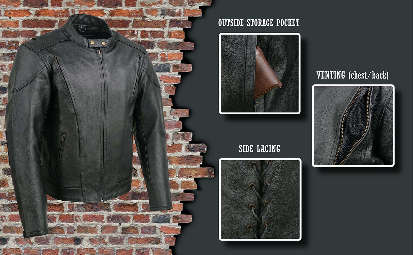 Event Leather EL5410 Men's Black Side Lace Scooter Jacket with Vents - Motorcycle Riding Jackets - Image 2