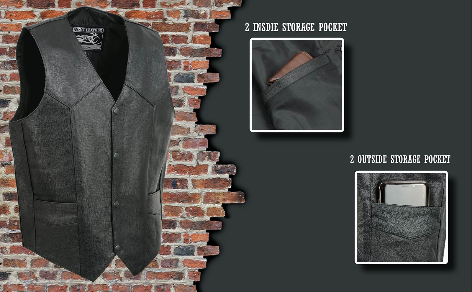 Event Leather EL1310GO Men's Black Leather Classic Snap Button Biker Vest - Image 2