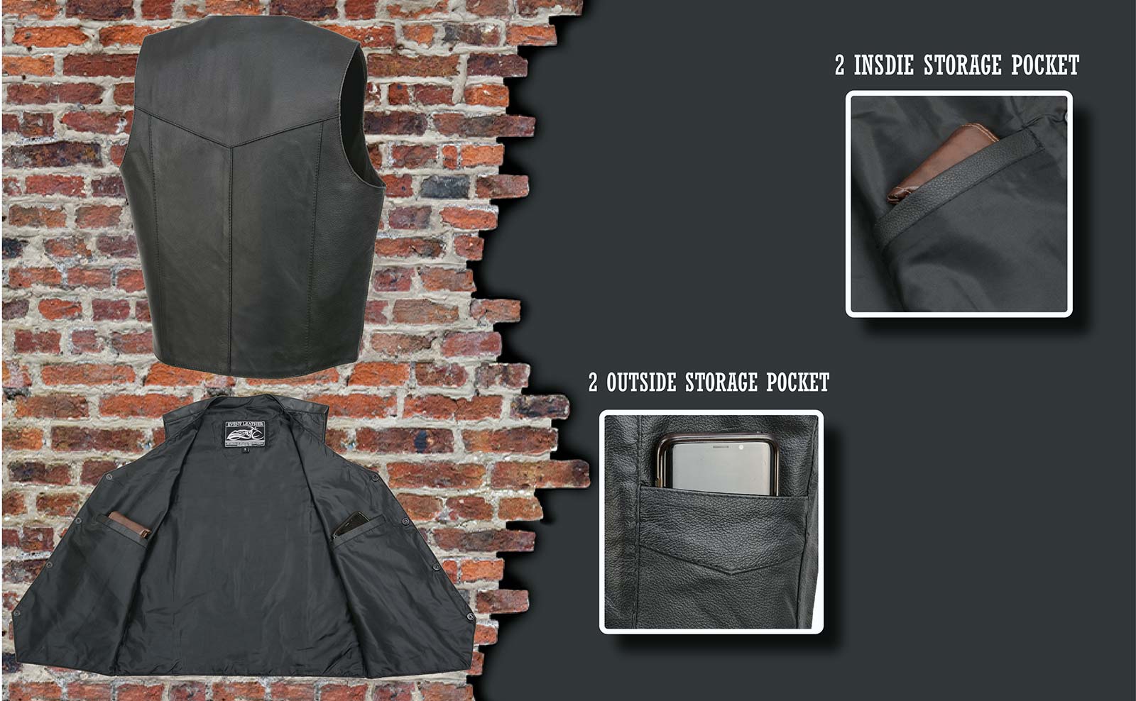 Event Leather EL1310GO Men's Black Leather Classic Snap Button Biker Vest - Image 4
