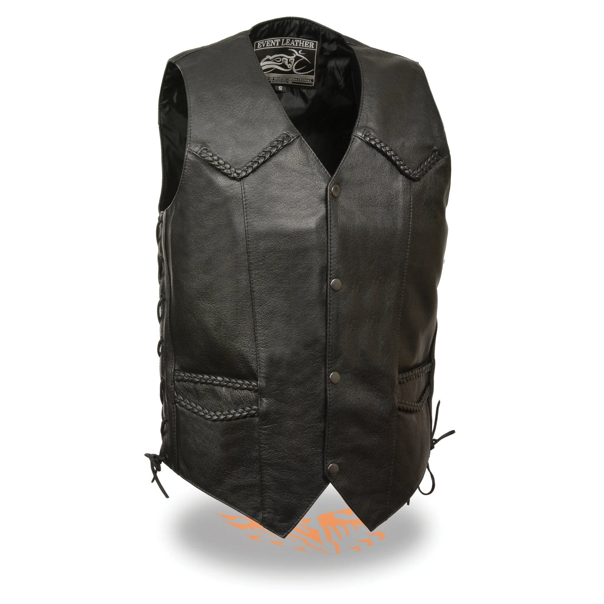 Event Leather EL1314GO Men's Leather Black Classic Side Lace Biker Vest with Braiding