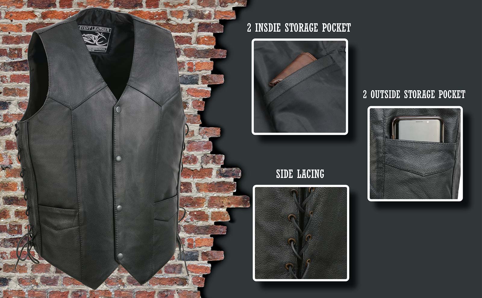 Event Leather EL1315 Men's Club Style Black Leather Motorcycle Riders Vest w/ Side Lace - Riding Club - Image 2