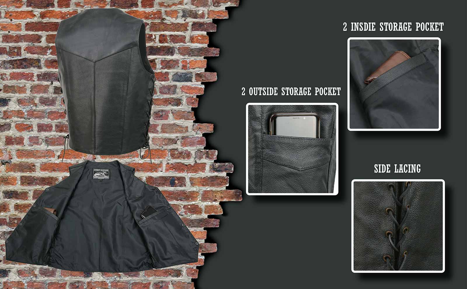 Event Leather EL1315 Men's Club Style Black Leather Motorcycle Riders Vest w/ Side Lace - Riding Club - Image 4