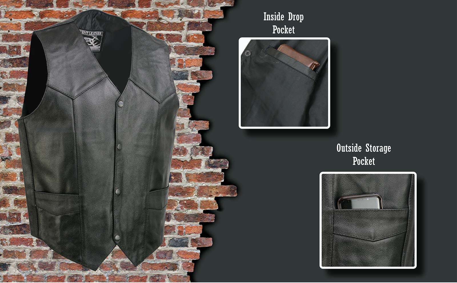 Event Leather EL5310 Men's Classic Black Leather Vest with Snap Button Closure - Image 2