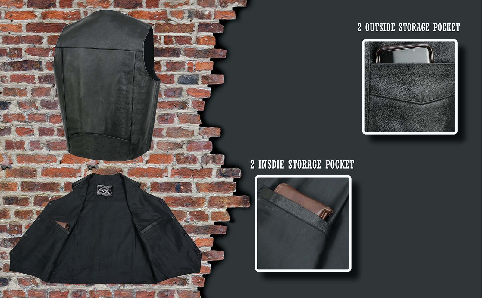 Event Leather EL5310 Men's Classic Black Leather Vest with Snap Button Closure - Image 4