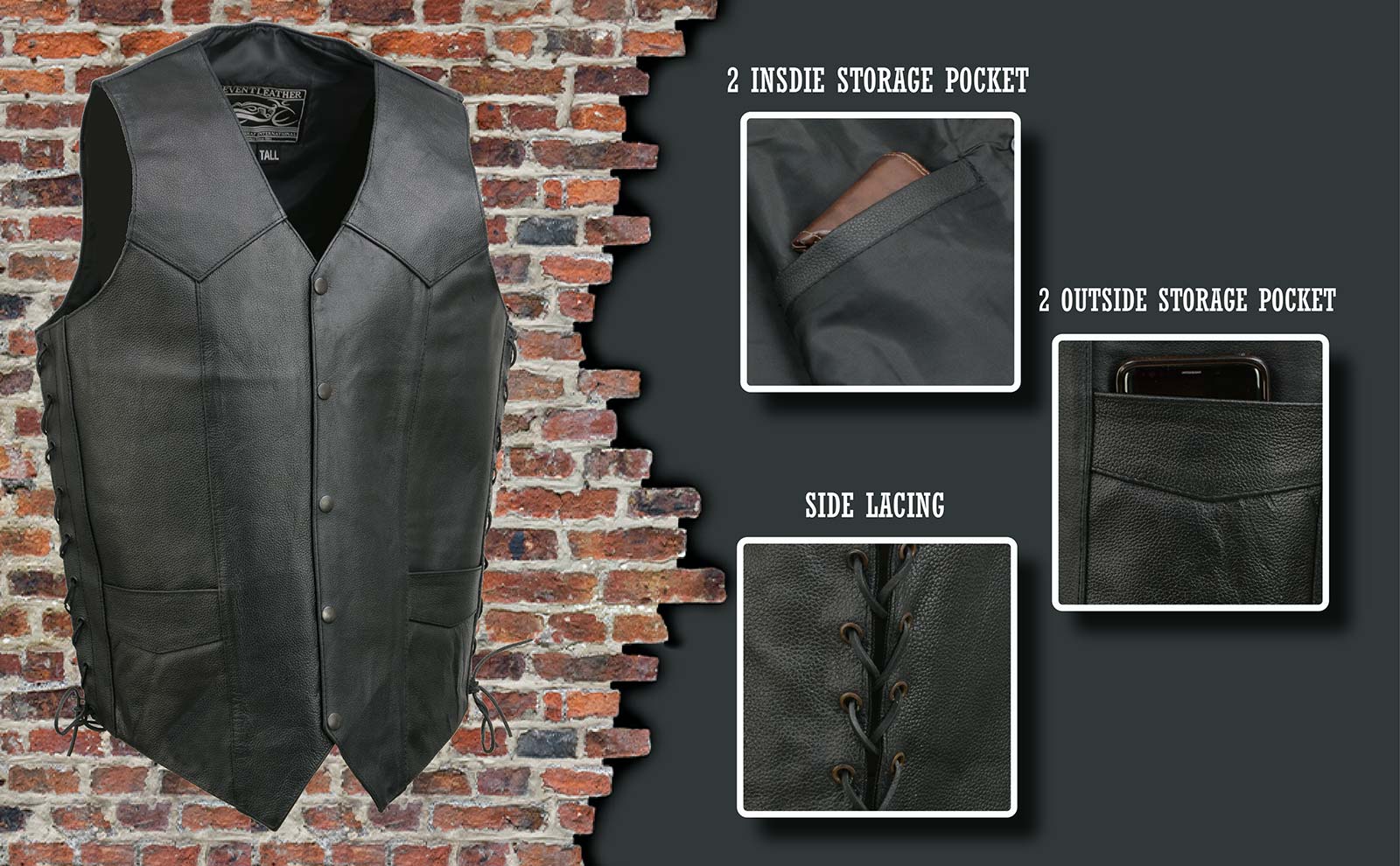 Event Leather EL5315T Men's Black Classic Side Lace Biker Vest in Big and Tall Sizes - Image 2