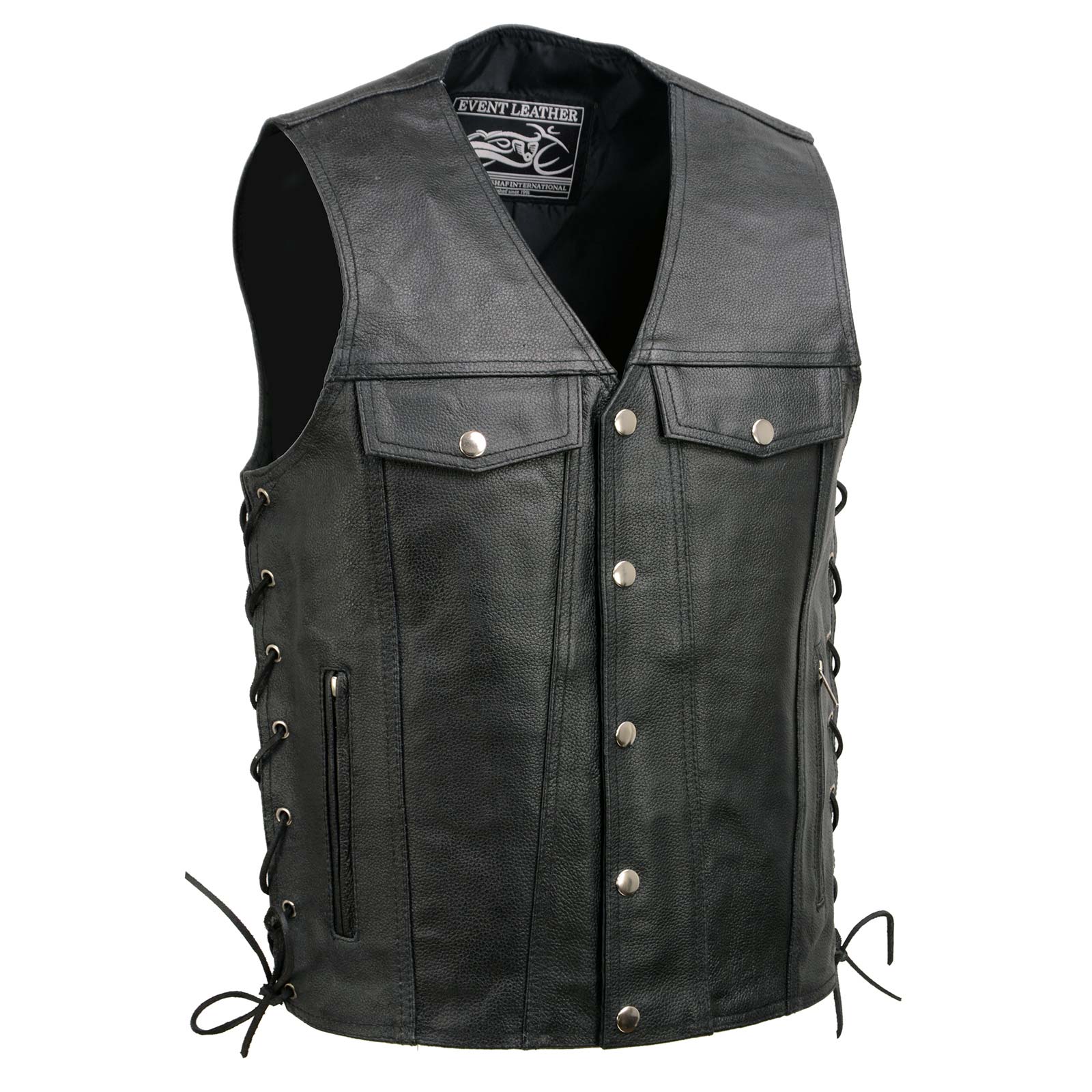 Event Leather EL5360 Men's Black Leather Vest with Denim Style Pockets and Side Lace